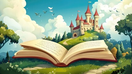 Cartoon illustration of an open fairytale book featuring a magical notebook and a medieval castle evoking stories ancient legends and a dreamy fantasy concept in a 2D background