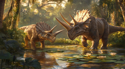 A pair of Triceratops engaging in a gentle encounter by a tranquil pond, with water lilies floating...