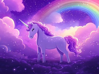 Fototapeta premium Magical unicorn under a sparkling starry purple sky with a rainbow perfect for children s design 2D cartoon illustration
