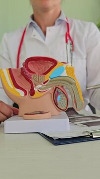Doctor with suspected prostate cancer using a male reproductive system model during a visit to the urology clinic