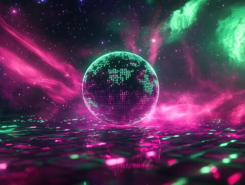 Fantasy neon pink and green illuminated glitch planet with a starry nebula backdrop featuring a 3D disco ball illustration of Earth galaxy and dynamic light beams