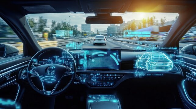 Modern intelligent system for smart cars using Heads Up Displays (HUDs). Vehicles in autonomous self-driving mode with a graphic sensor radar signal system.