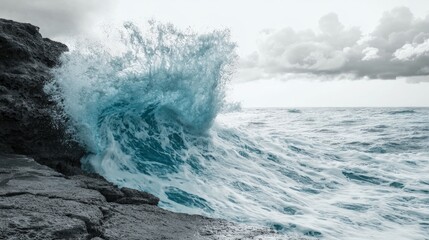 Naklejka premium Vibrant Blue Ocean Wave Crashing Against Gray Rock in Monochrome Scene