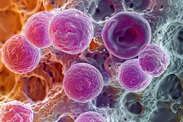 Bacterial invasion in throat by staphylococcus, causing angina, inflamed tonsils, close-up microscopic view