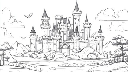 Vibrant and monochrome coloring template featuring a whimsical medieval castle Classical design for a children s and adults coloring book Flat 2D cartoon style