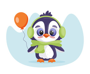  Cute baby penguin with ballon cartoon style. Vector illustration