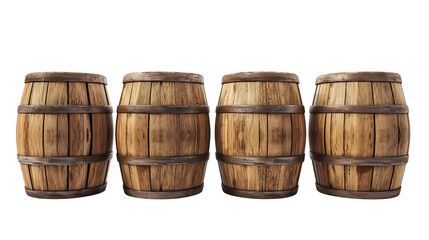 Obraz premium Collection set of wooden oak barrels on transparent and white background, cut out png