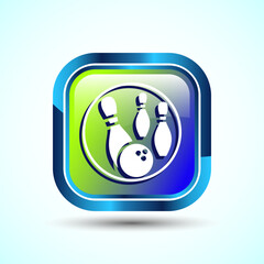 Bowling Pins And Ball Icon Design Illustration, Bowling Game Icon For Apps and Websites, Glossy  Square Button Design