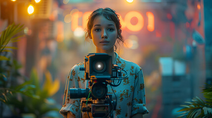 Obraz premium A young woman stands behind a professional camera, filming in a vibrant urban environment illuminated by neon lights, evoking creativity and modern city life