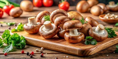 Fototapeta premium Fresh cremini mushrooms on a wooden cutting board ready for cooking and healthy meal preparation