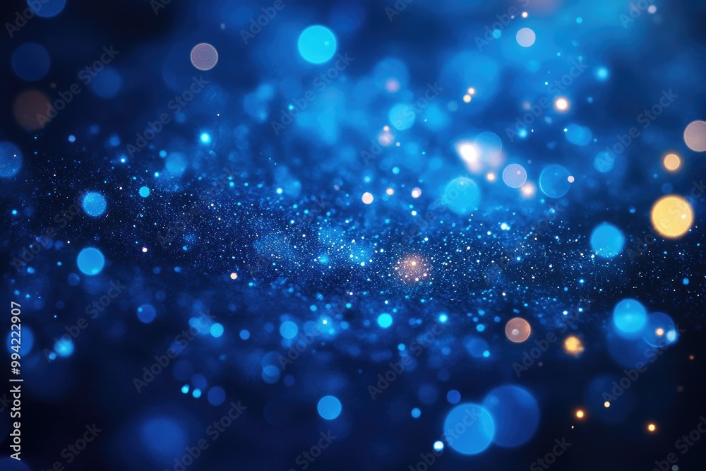 Sticker bright blue bokeh lights create an abstract background with flying particles and vivid illumination 