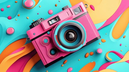 Bright and whimsical camera shutter design in a stylized 2D cartoon illustration