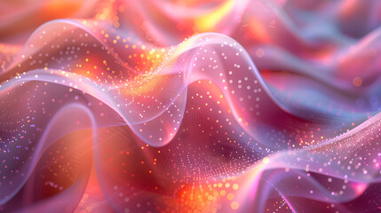 Fototapeta premium Soft, flowing waves of translucent fabric-like textures, illuminated with glowing dots of light in pink, orange, and purple hues, creating a dreamy, abstract scene