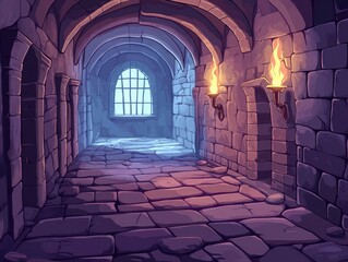 Cartoon style illustration of a medieval stone castle interior Features include a mystic dungeon with a floor wall window and torch A fantasy corridor offers a symmetrical perspective for explorati