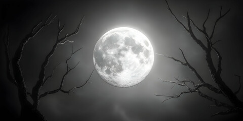 Naklejka premium A bright full moon illuminates the dark sky with silhouetted trees.