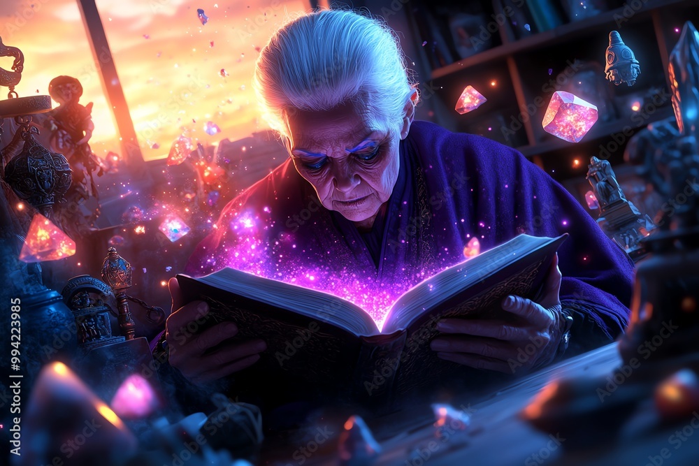 Poster a wise old witch reading a spellbook in her cluttered attic, filled with glowing crystals and ancien
