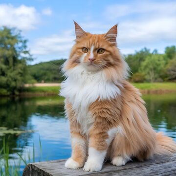  a fluffy orange and white cat  behaind the cat water the cat sitting on it