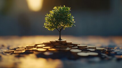 tree growing of accumulating wealth coin money investment overtime and building retirement or capital assets portfolio , success in business and startups or income of trading and dividend stock marke