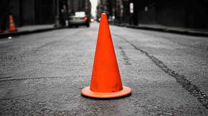 Vibrant Orange Traffic Cone Contrasting with Gray Street Background