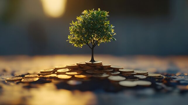 tree growing of accumulating wealth coin money investment overtime and building retirement or capital assets portfolio , success in business and startups or income of trading and dividend stock marke