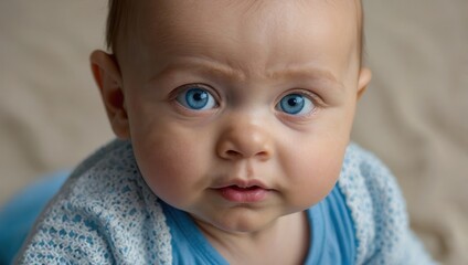 Close-up of baby with blue eyes and confused expression