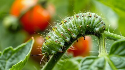 Green Tomato Pinworm Caterpillar on a Leaf – Emphasizing the Pest's Camouflage and the Impact of Repeatedly Growing Tomatoes in the Same Soil