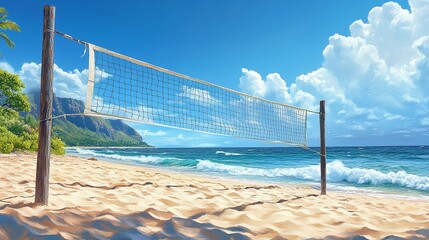 a beach volleyball scene with a net set up near the ocean as waves crash onto the shore, capturing the essence of summer leisure and sport on a sunny day at the beach
