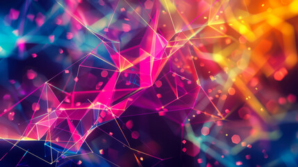 Bright shards of light and color blend to create a vibrant abstract pattern, showcasing a mesmerizing interplay of shapes and hues against a dark backdrop.