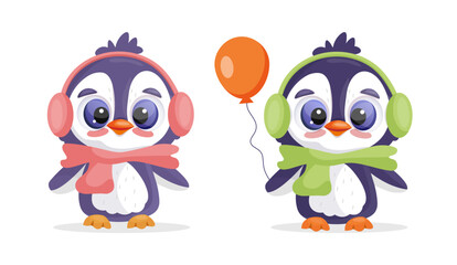 Cute baby penguin set cartoon style. Vector illustration