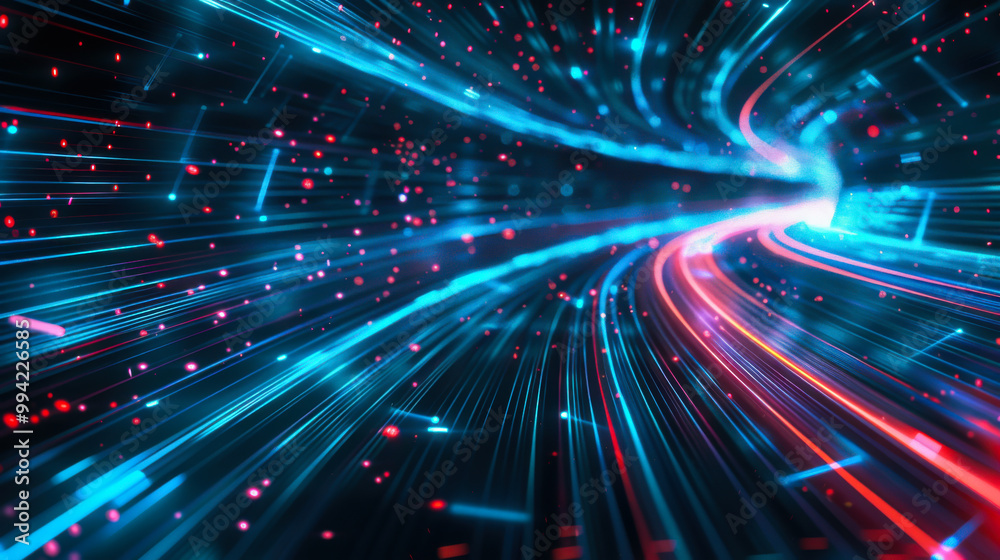 Aufkleber Bright light trails and particles create a dynamic, abstract representation of a digital environment.
