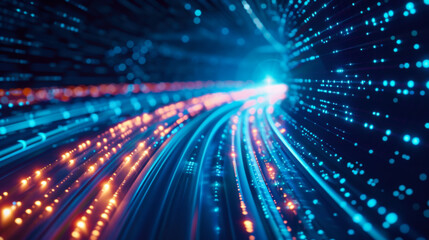 Obraz premium Bright light trails and particles create a dynamic, abstract representation of a digital environment.