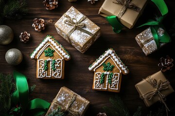 Christmas gingerbread cookies and gift boxes with green ribbon, holiday decorations
