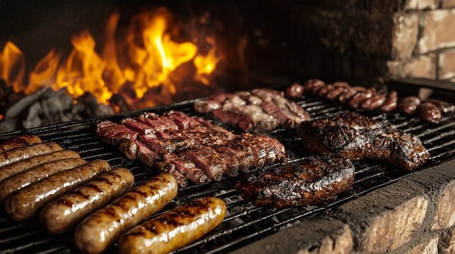 Traditional Argentine asado is sizzling pieces of beef, sausages and ribs grilled over an open fire. National food of Argentina. Parilla