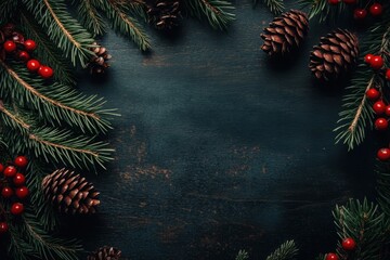 Holiday scene with pine cones, red berries, and pine branches on dark wooden background
