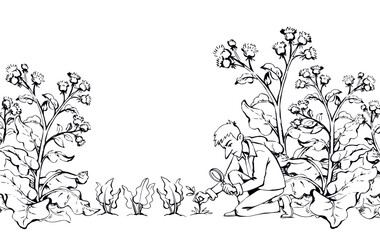 A man with a magnifier is looking for weeds. Vector drawing