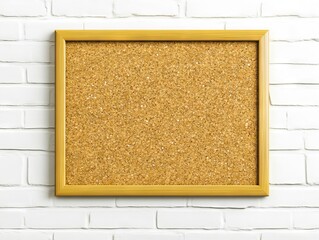 A cork board on a white brick wall with a wooden frame