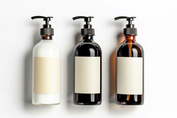 A mockup of three bottles with white labels and black pumps for shampoo.
