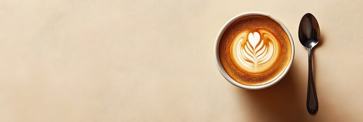 Fototapeta premium A beautifully crafted cup of latte art, featuring a heart design, placed on a light background with a spoon beside it, background with copy space