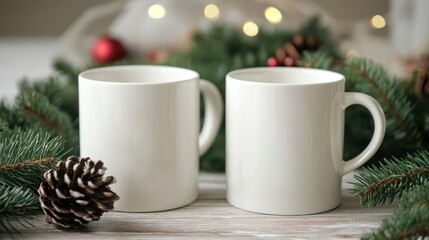 Pair of White Mugs Mockup Surrounded by Christmas Pine Wreath