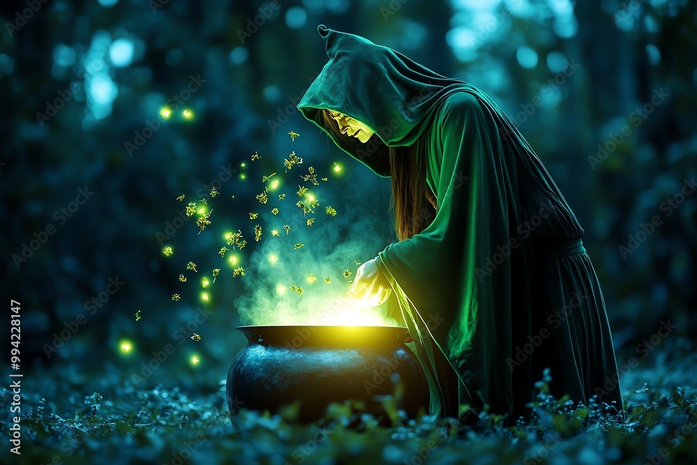 Poster a witch dressed in a dark green cloak, standing by a bubbling cauldron in the middle of an enchanted