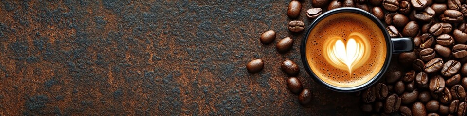 A warm cup of coffee with a heart-shaped foam art, surrounded by roasted coffee beans on a rustic surface., background with copy space