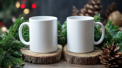 Pair of White Mugs Mockup Surrounded by Christmas Pine Wreath