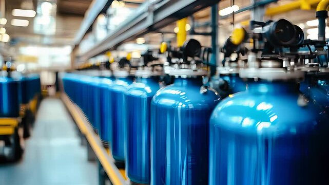 Industrial gas cylinders in a manufacturing plant, symbolizing technology, energy production, and modern engineering processes.