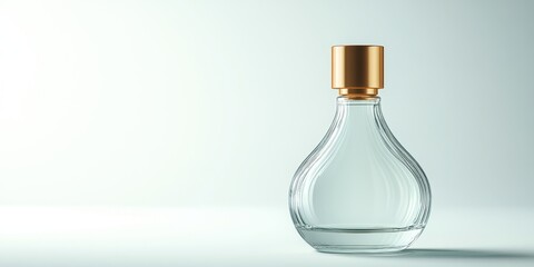 Elegant glass perfume bottle with a golden cap, perfect for showcasing luxury fragrance designs and promotional materials, background with copy space