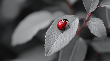 Vibrant Red Ladybug Contrast on Gray Leaf Background - Nature Macro Photography