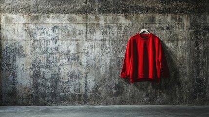 Bold Red Sports Jersey on Gray Wall - Vibrant Isolated Color in Monochrome Setting