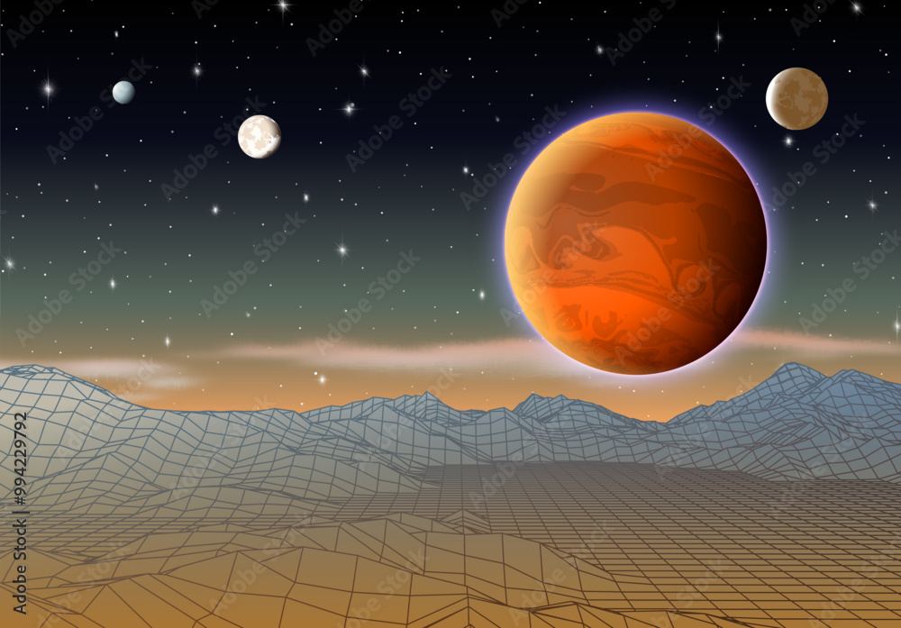 Poster retro futuristic landscape with mountains and sun in deep space. 80s styled synthwve landscape with 