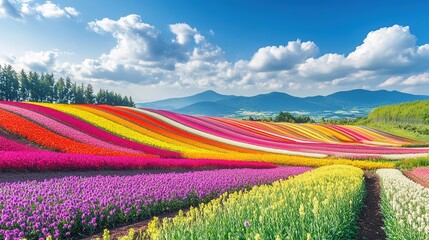 A panoramic view of a colorful flower field, with rows of blooming flowers leading the eye towards the distant horizon
