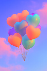 Naklejka premium Heart-Shaped Balloons Floating in the Sky with Holographic Pastel Colors