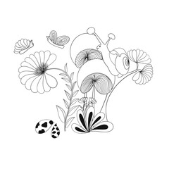 Naklejka premium Life’s snails in the garden, coloring book for practicing color.drawing lines.